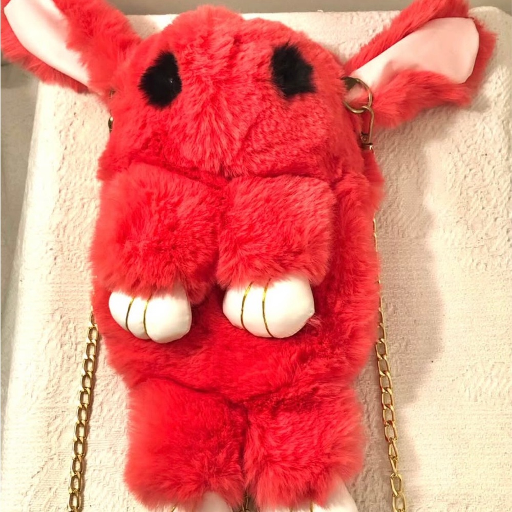 Soft Silky Plush Bunny Backpack or Crossbody Bag with Gold Chain and Zipper.